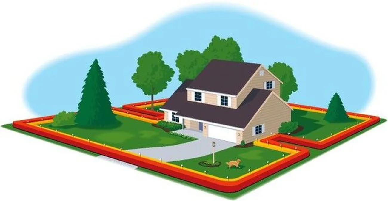 Illustration of a dog fence boundary around the property, with an interior loop keeping part of the yard off limits.
