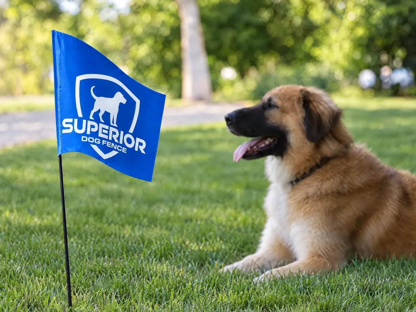 A dog beside a blue Superior boundary flag.