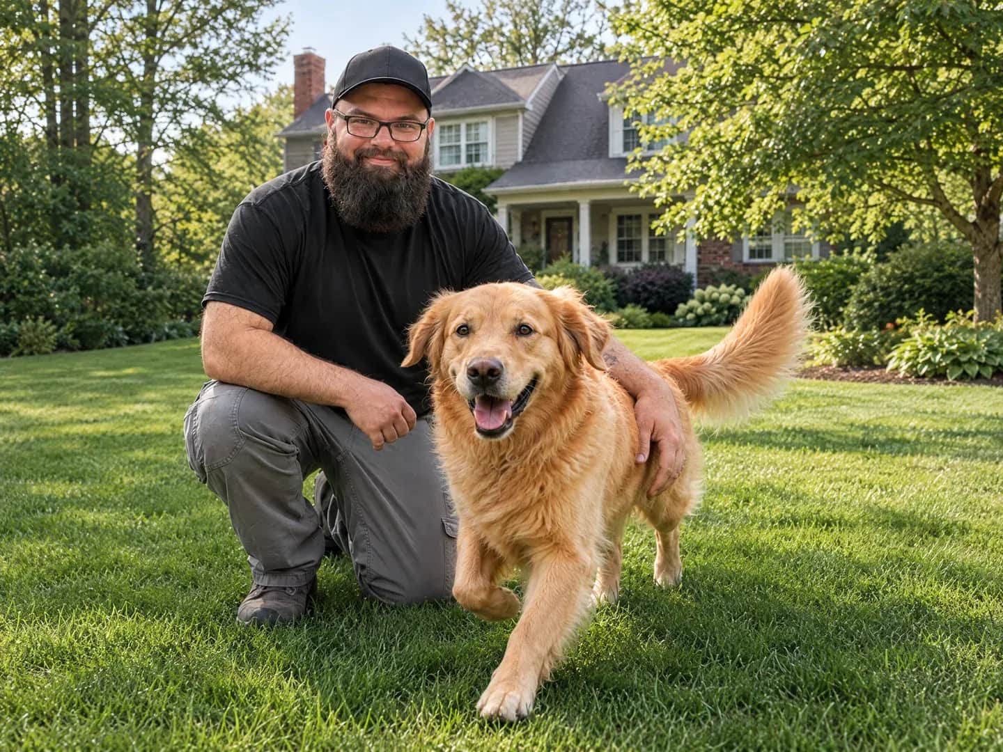 An installer kneeling with a golden retriever on a lawn.