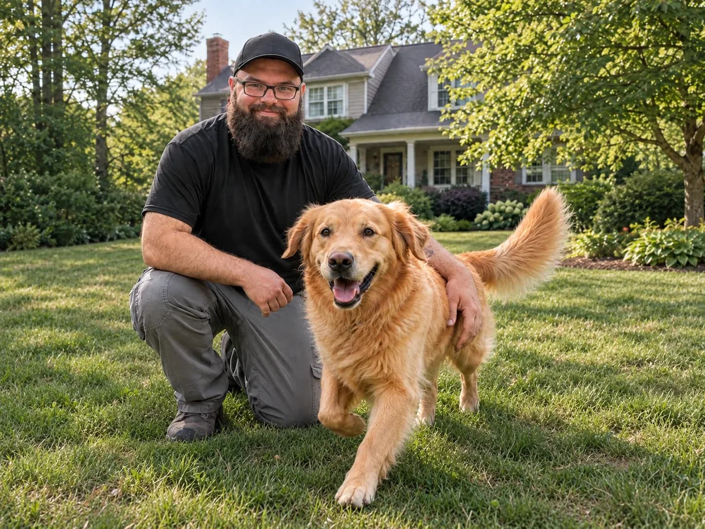 An installer kneeling with a golden retriever on a lawn.