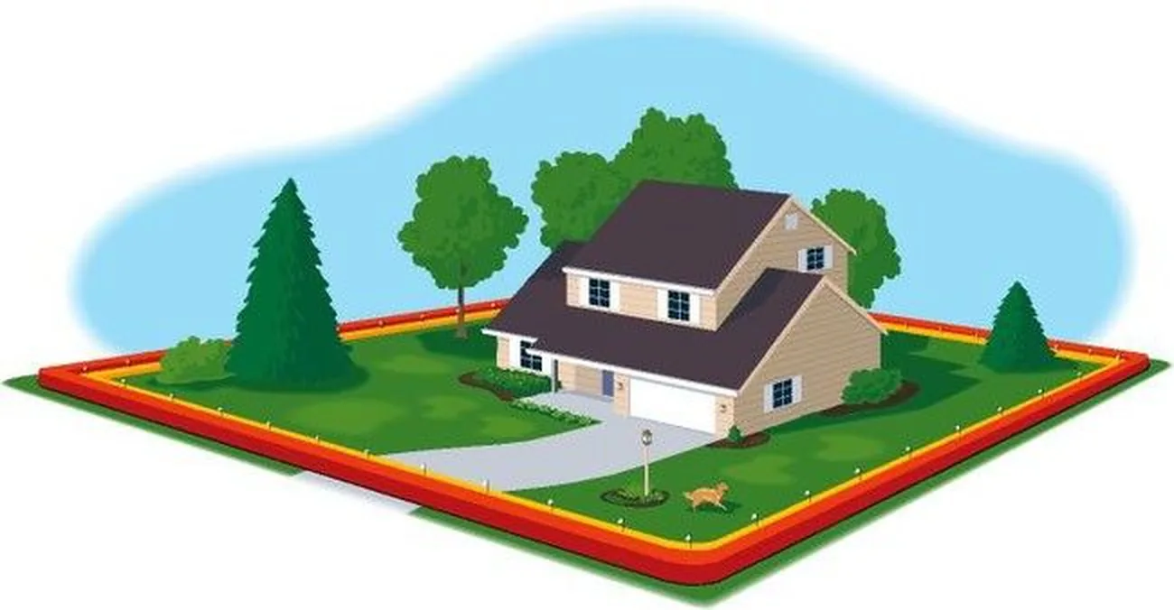Illustration of a dog fence boundary following the whole edge of a property, with training flags along the line.
